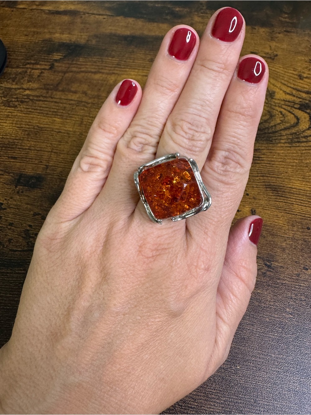 Silver Tone Lucite Amber Square Statement Ring - Orange
